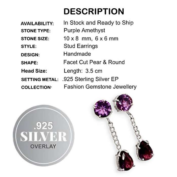 Purple Amethyst  Round and Pear Shape set in .925 Sterling Silver Plated Drop Dangle Stud Earrings
