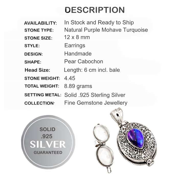 Natural Mohave Copper Purple Turquoise set in Solid .925 Sterling Silver Locket Pendant