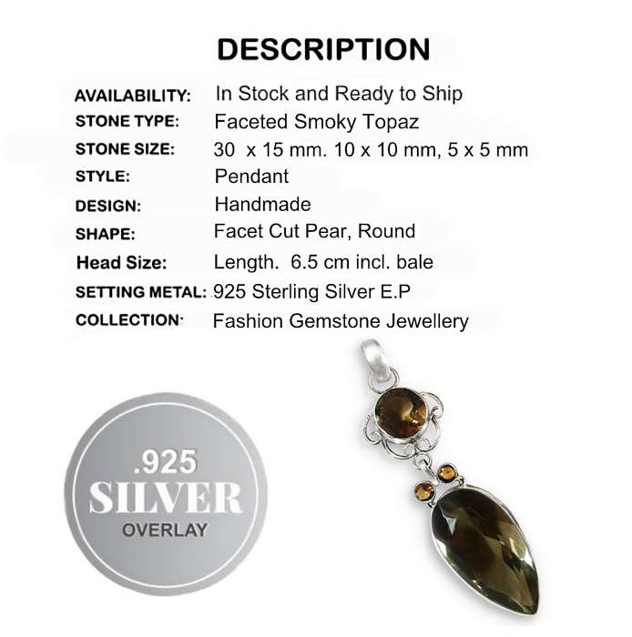 Elegant Smoky Topaz and Cognac Citrine set in .925 Sterling Silver Plated Antique Style Pendant