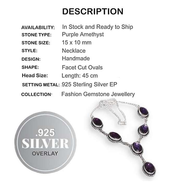 Purple Amethyst Ovals set in .925 Sterling Silver Plated Handmade Antique Style Necklace