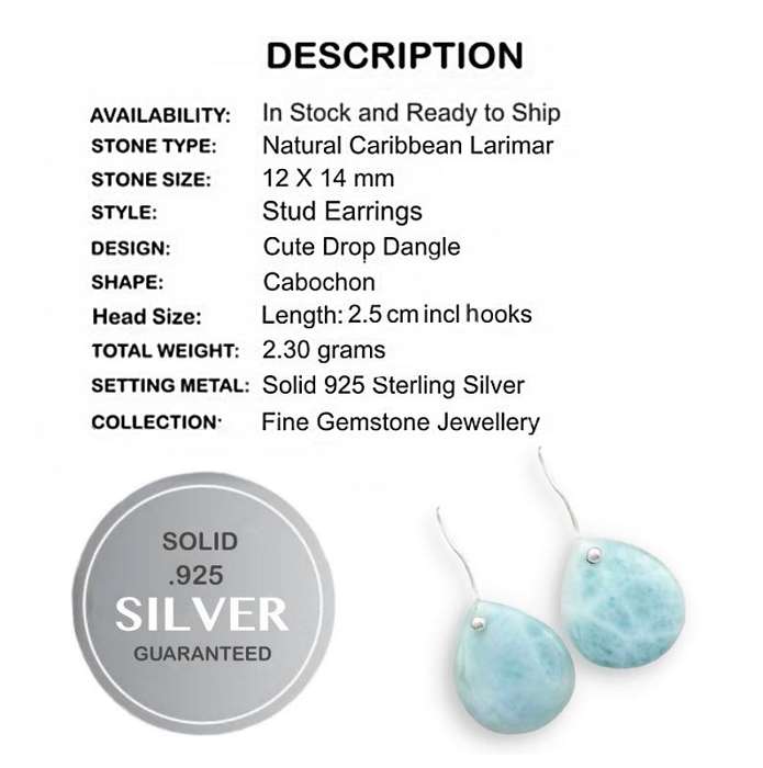 Natural Caribbean Larimar Gemstone set in Solid .925 Sterling Silver Earrings