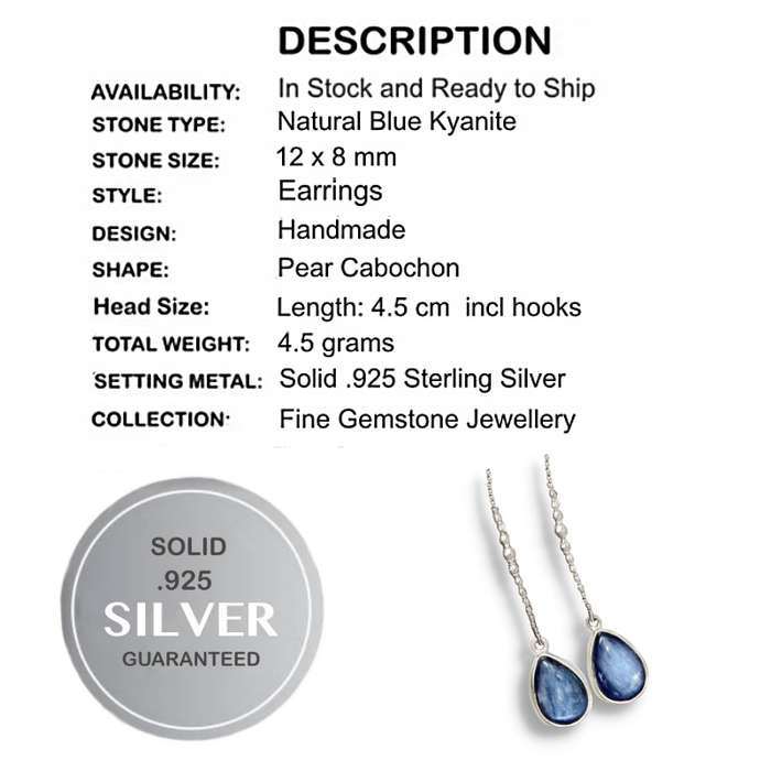 Natural Kyanite Pear Shape Gemstone set in Solid 925 Sterling Silver Earrings