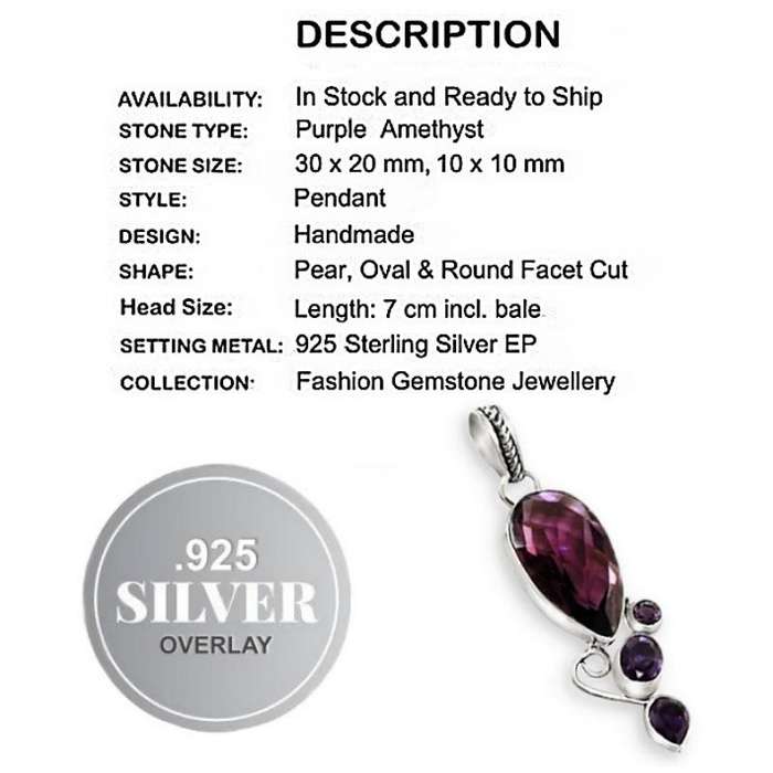 Faceted Purple Amethyst Pear Shape Gemstone set in .925 Sterling Silver Plated Pendant