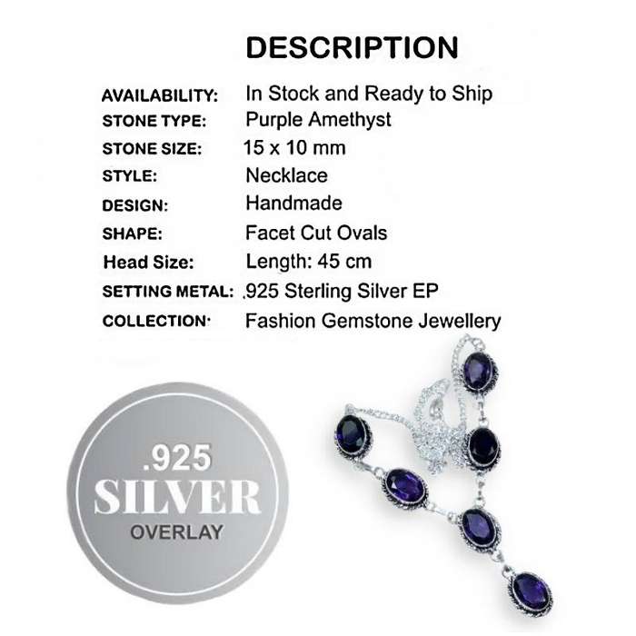 Purple Amethyst Ovals set in .925 Sterling Silver Plated Y Shape Antique Style Necklace