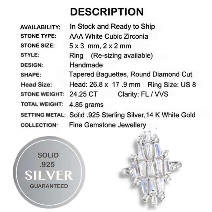 24.25 cts Rare Tapered Baguette AAA White Cubic Zirconia set in Solid .925 Silver Ring Size 8 or Q