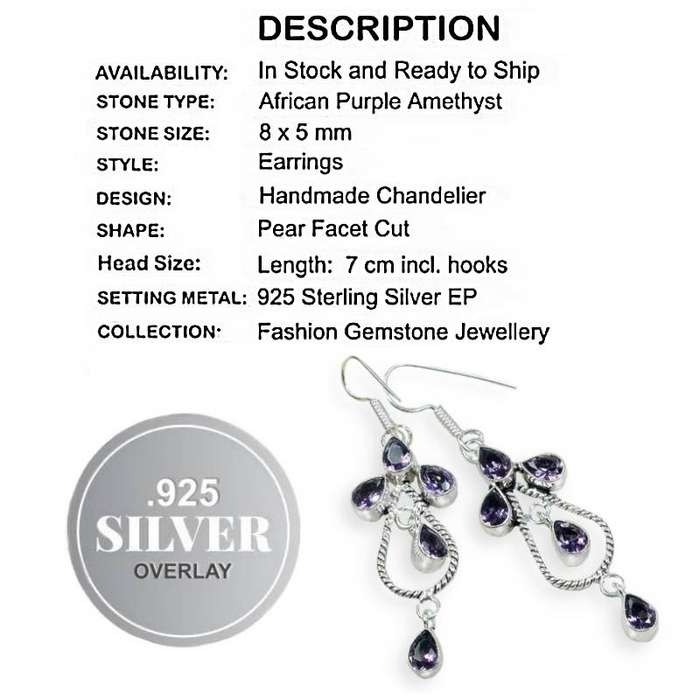 Purple Amethyst Pears set in .925 Sterling Silver Plated Chandelier Style Handmade Earrings