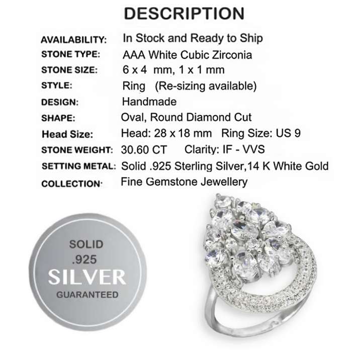 Deluxe 30.60 Ct White Cubic Zirconia set in Solid .925 Sterling Silver 14K W/Gold Ring Size 9 / R1/2