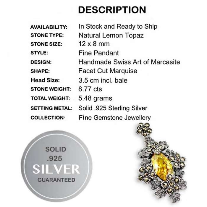 Natural Lemon Topaz and Swiss Marcasite in Solid .925 Sterling Silver Pendant
