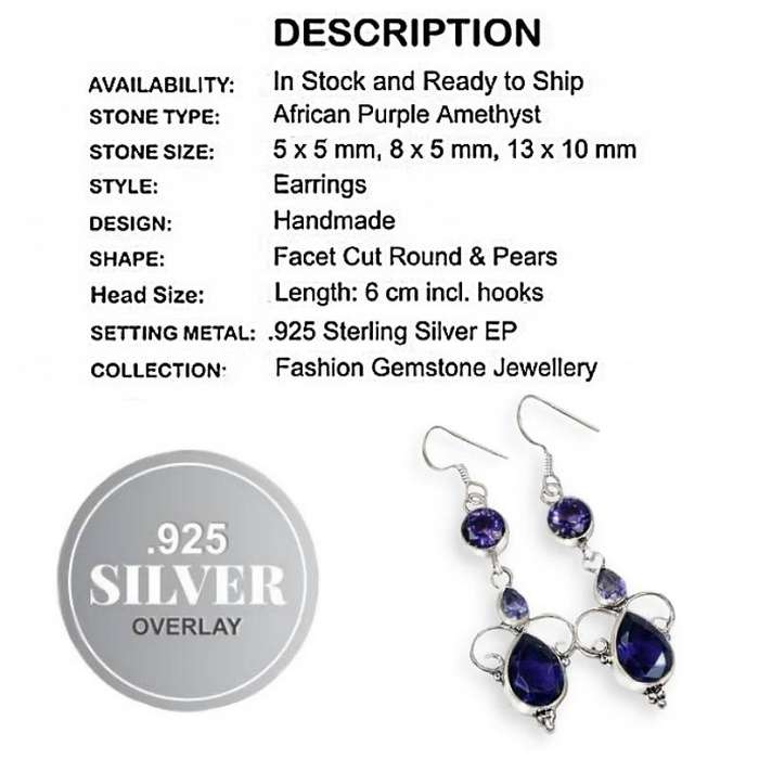 Indonesian Bali - Java Purple Amethyst set in .925 Sterling Silver Plated Handmade Earrings