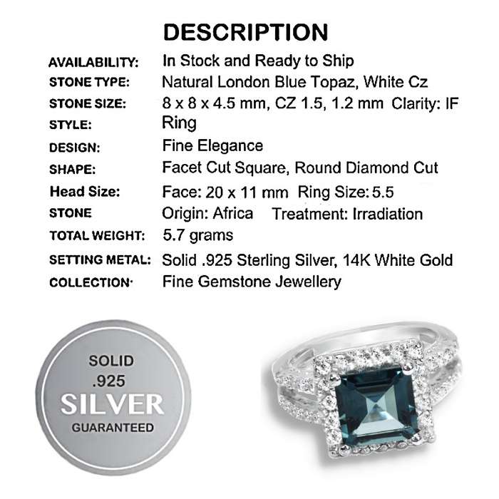Natural London Blue Topaz & White CZ in Solid .925 Sterling Silver 14K White Gold Ring Size 5.5 / L