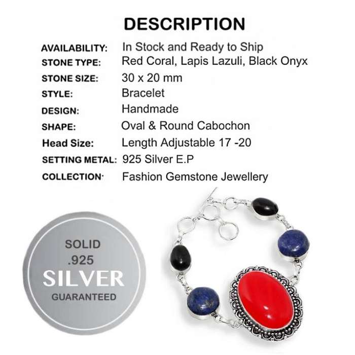 Natural Lapis Lazuli, Red Coral Black Onyx Gemstone in 925 Sterling Silver Plated Handmade Bracelet