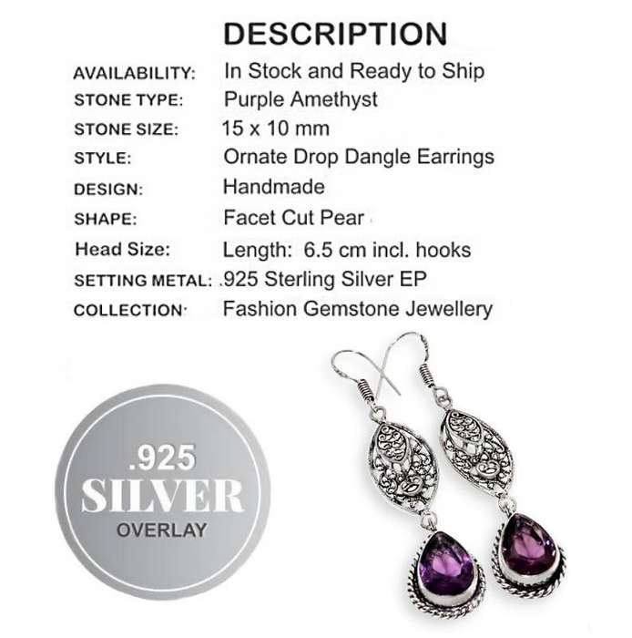 Ornate Handmade Purple Amethyst  set in.925  Sterling Silver Plated Drop Dangle Earrings