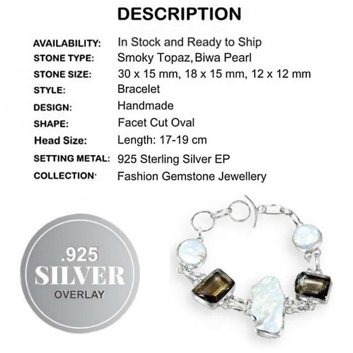 Smoky Topaz and Biwa Pearl Gemstones set in .925 Sterling Silver Plated Handmade Bracelet