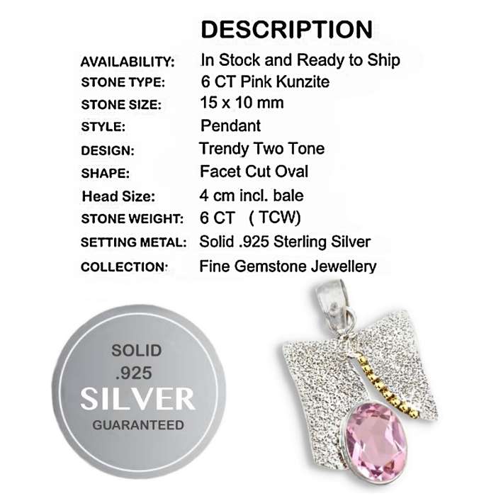Two Tone 6 cts Pink Kunzite Facet Cut Oval  in Solid .925 Sterling Silver Modern Set Pendant