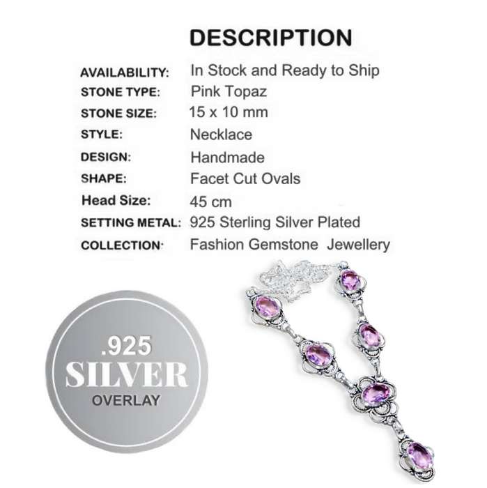 Handmade Pink Topaz Ovals set in .925 Sterling Silver Plated Antique Style Necklace