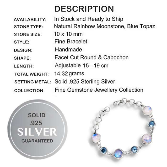 Natural Rainbow Moonstone and Blue Topaz Gemstones set in Solid .925 Sterling Silver Bracelet