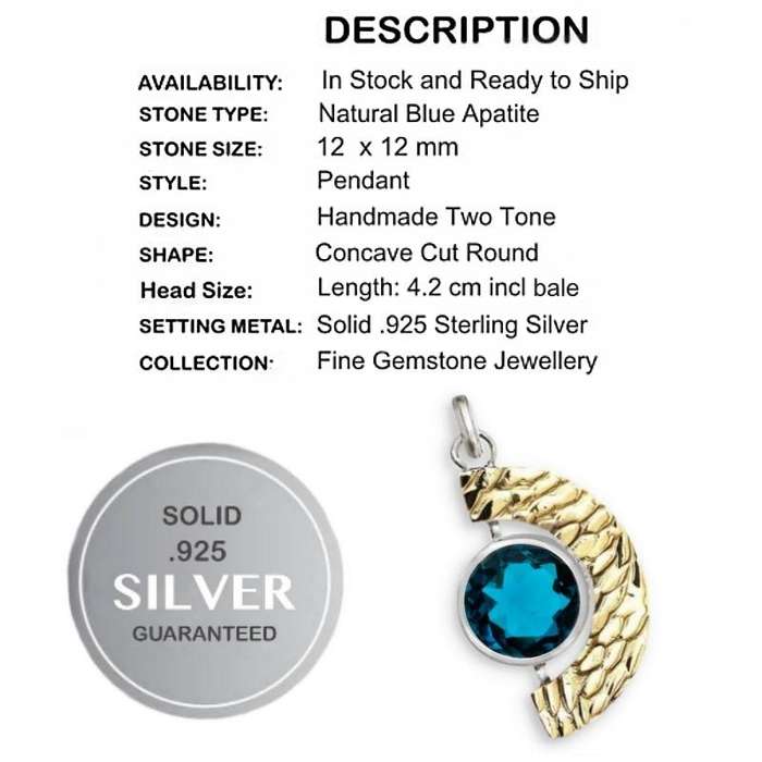 Two Tone Natural Neon Blue Apatite set in Solid .925 Sterling Silver Pendant