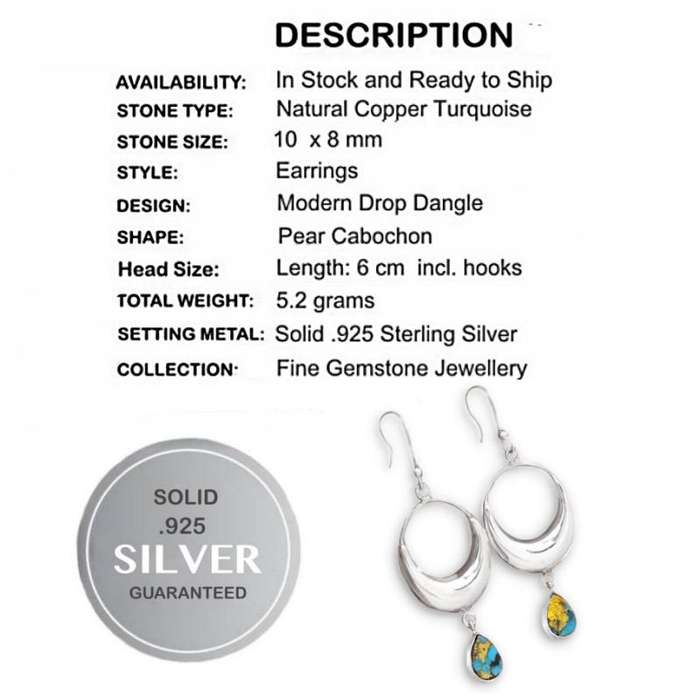 Incredible Natural Copper Turquoise Gemstone  set in Solid .925 Sterling Silver Earrings