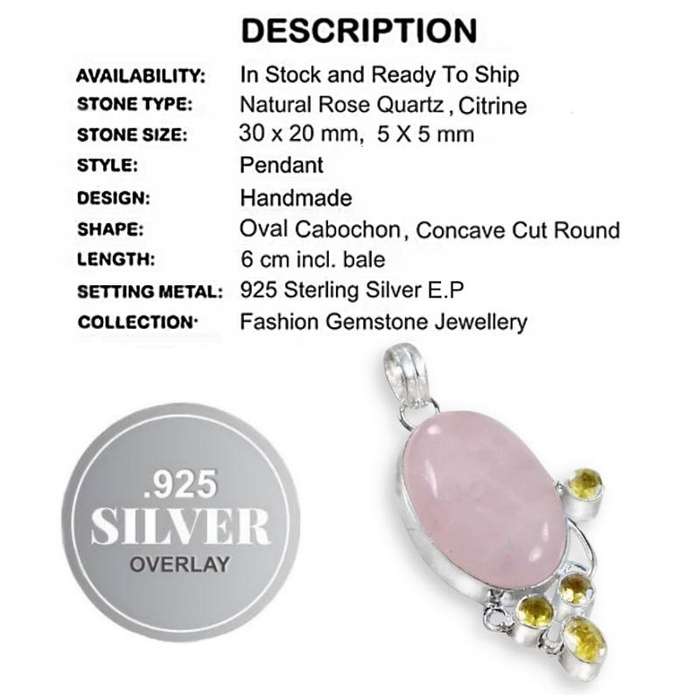 Natural Pink Rose Quartz Oval, Citrine Gemstone .925 Sterling Silver Plated Handmade Pendant