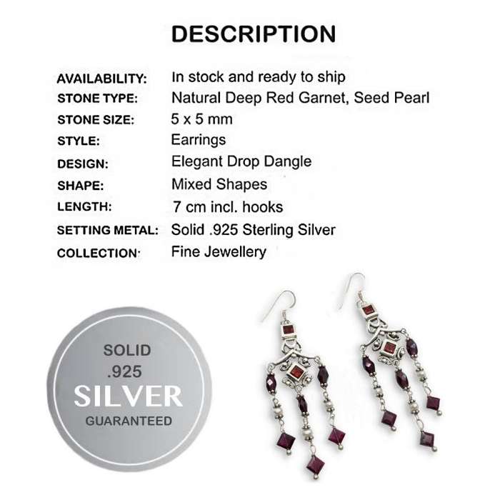 Natural Deep Red Mozambique, Rhodolite Garnet, Seed Pearl in Solid .925 Sterling Silver Earrings