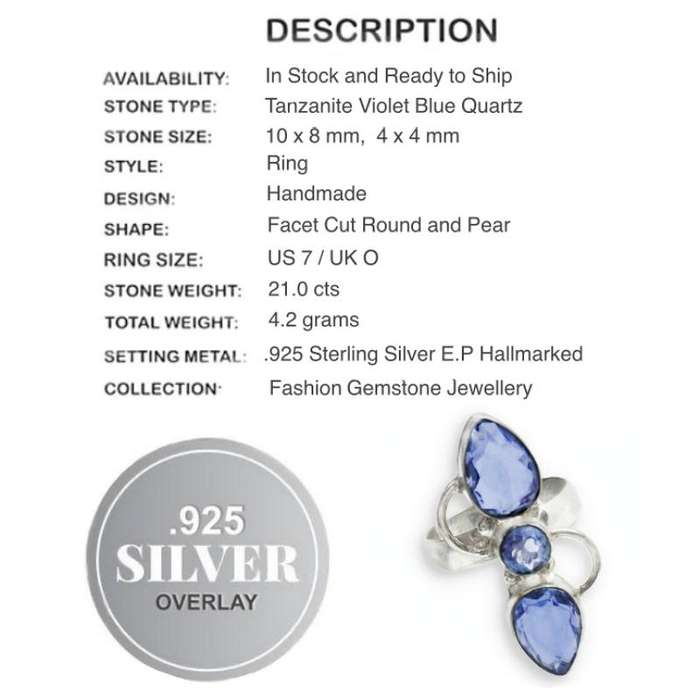 Tanzanite Violet Blue Quartz set in .925 Sterling Silver Plated Ring Size US 7 / UK O