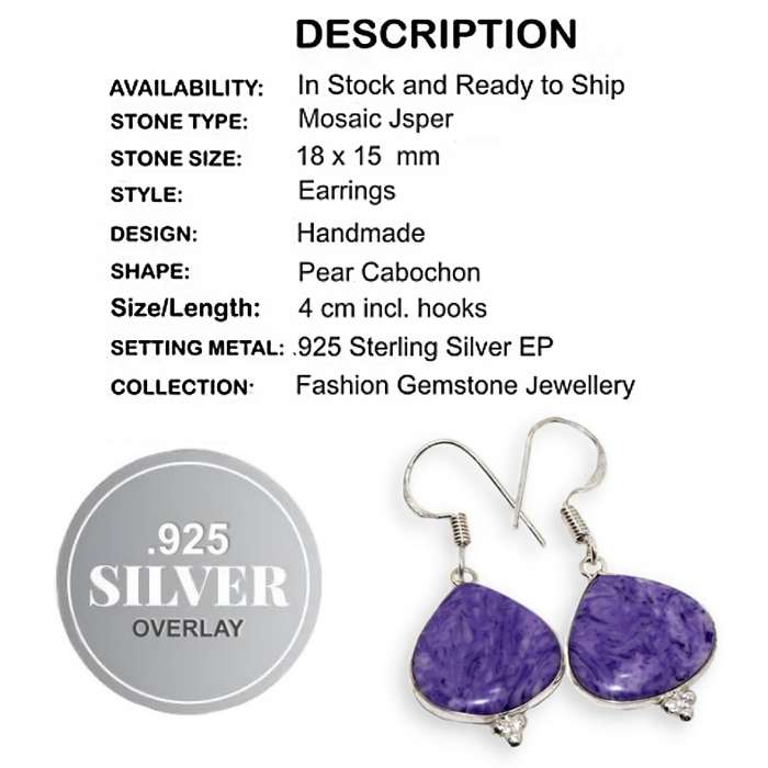 Purple Mosaic Jasper Pears set in .925 Sterling Silver Plated Handmade Earrings