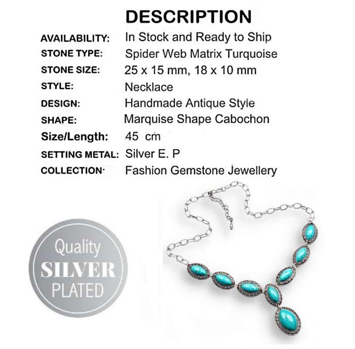 Spiderweb Matrix Turquoise Gemstone set in Silver Plated Handmade Necklace