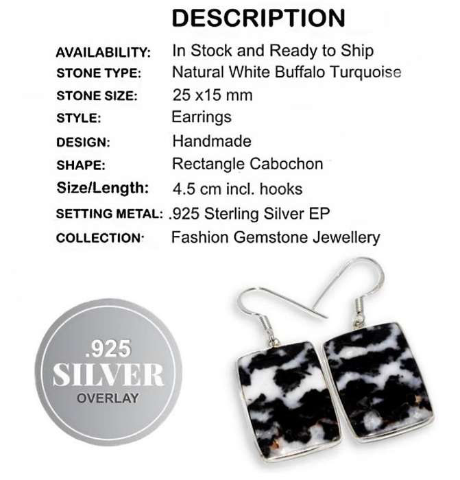 Natural White Buffalo Turquoise Gemstone set in .925 Sterling Silver Plated Handmade Earrings
