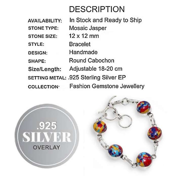Colourful Mosaic Jasper set in .925 Sterling Silver Plated Handmade Bracelet
