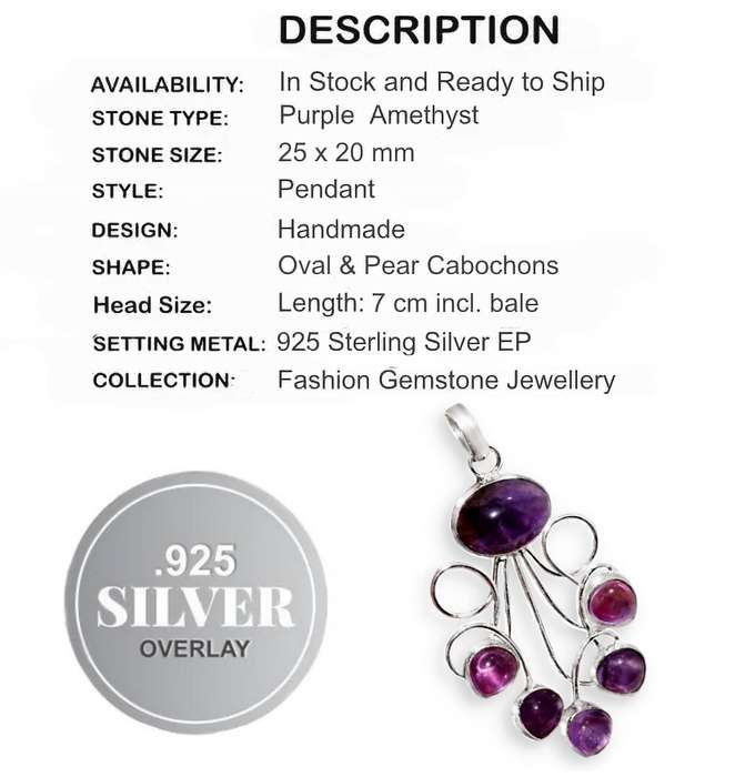 Natural Purple Amethyst Oval and Pear Gemstones set in .925 Sterling Silver Plated Handmade Pendant