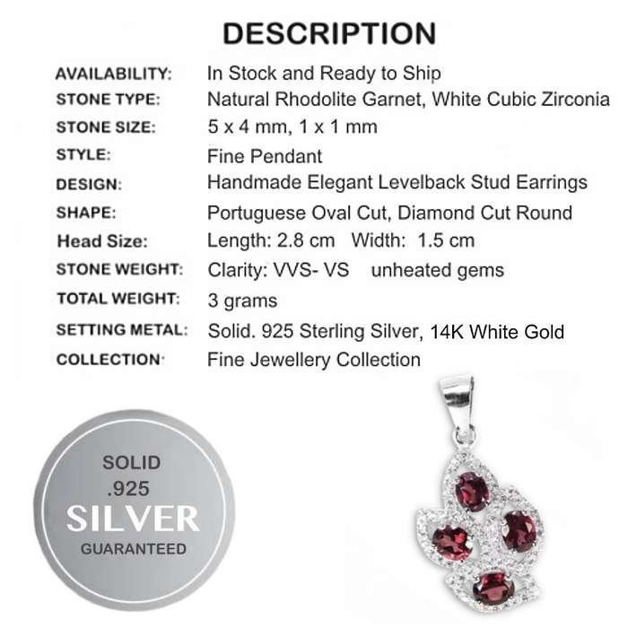 Top Natural Unheated Rhodolite Garnet, AAA White CZ Solid .925 Silver 14K White Gold Necklace