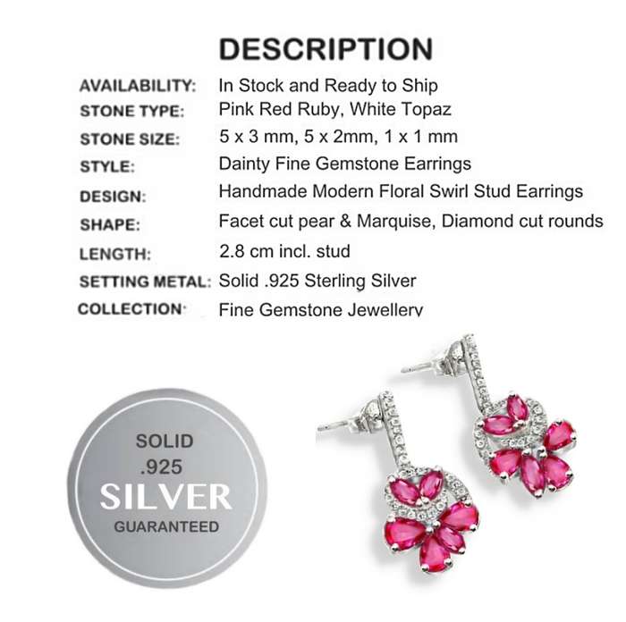 Dazzling Ruby Pears & Marquise Cut and White Topaz Gemstones in Solid .925 Sterling Silver Earrings