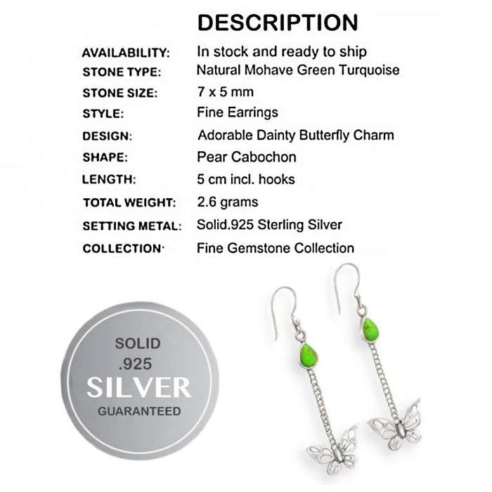 Natural Mohave Copper Green Turquoise Gemstone set in Solid 925 Sterling Silver Butterfly Earrings