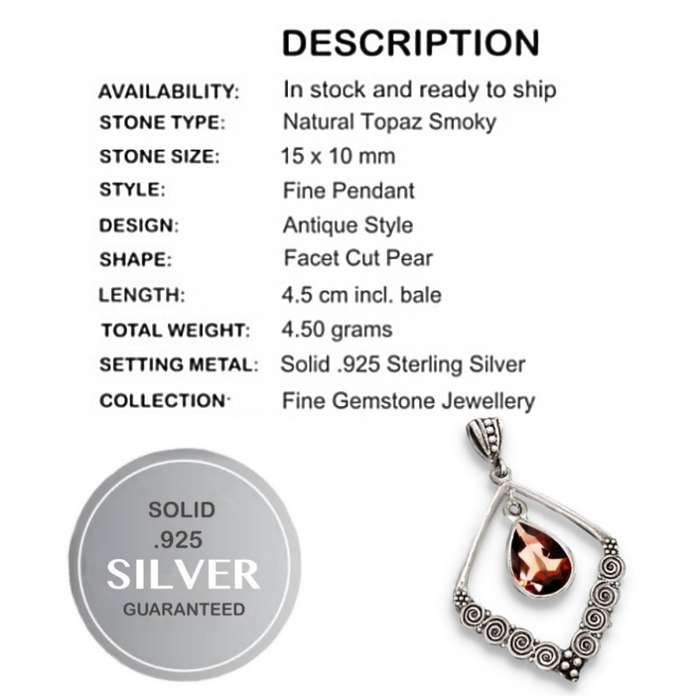 Desirable 4.50 Cts Natural Smoky Topaz .925 Solid Sterling Silver Pendant