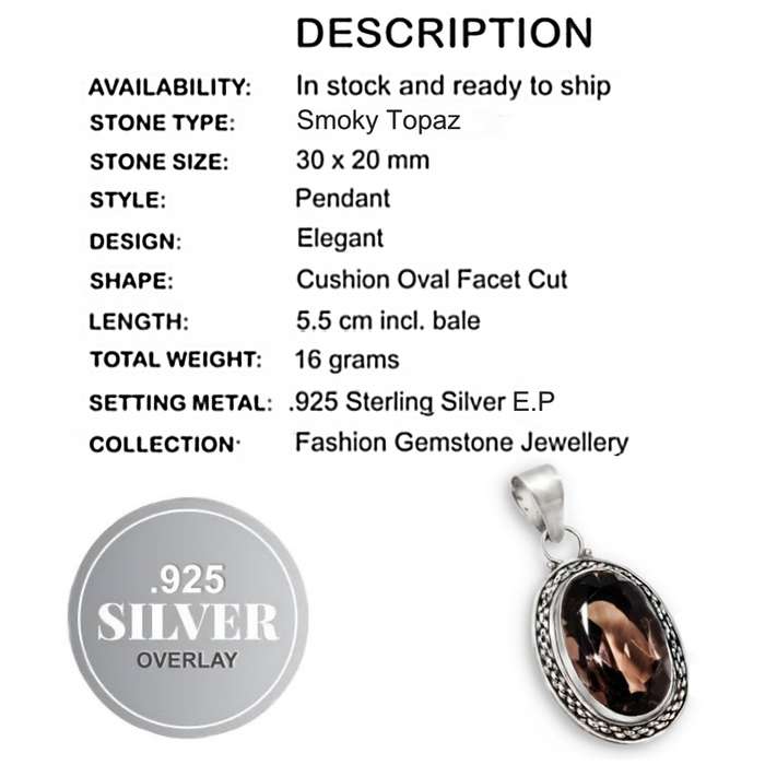 Faceted Oval Smoky Topaz Gemstone set in .925 Sterling Silver Plated Antique Style Pendant
