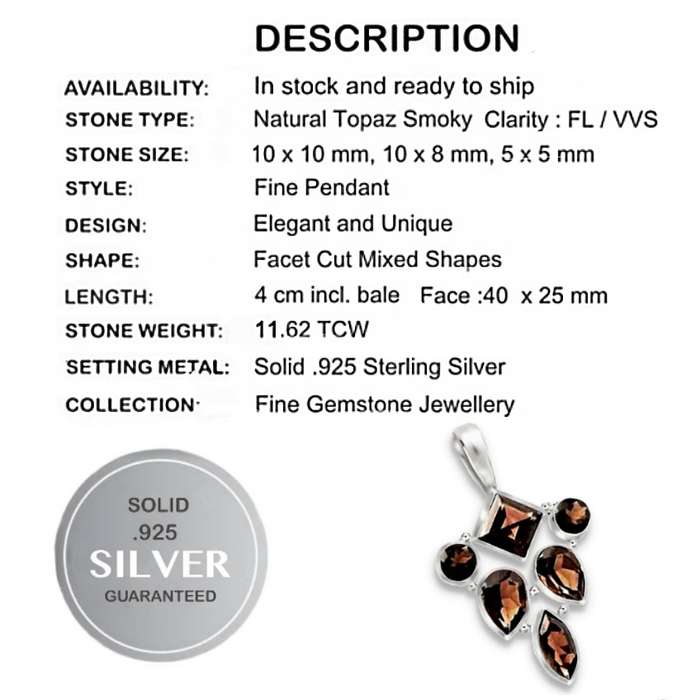 Pretty Tapered Setting 11.62 Cts Natural Smoky Topaz .925 Solid Sterling Silver Pendant