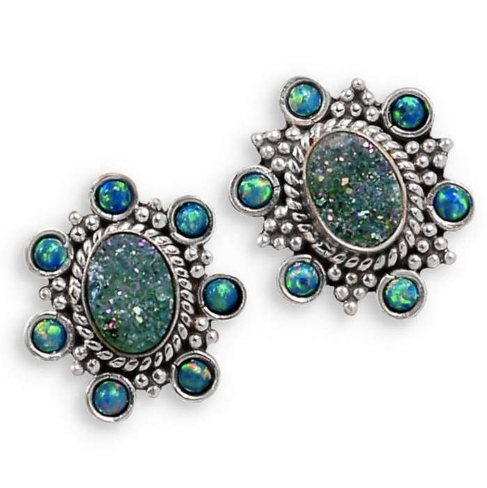 Marine Blue Aqua Druzy and Fire Opal Gemstone set in Solid .925 Sterling Silver Stud Earrings
