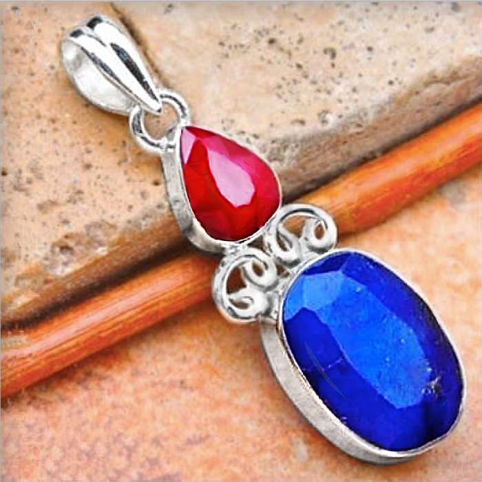 Rare Natural Ruby and Kyanite Sillimanite set in Solid .925 Sterling Silver Pendant