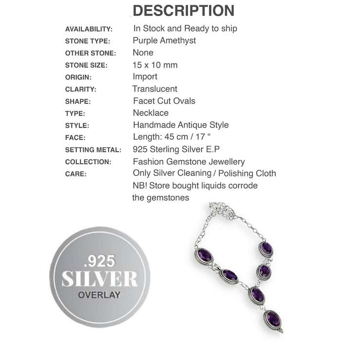 Handmade Antique Style Purple Amethyst Gemstone .925 Sterling Silver Plated Necklace