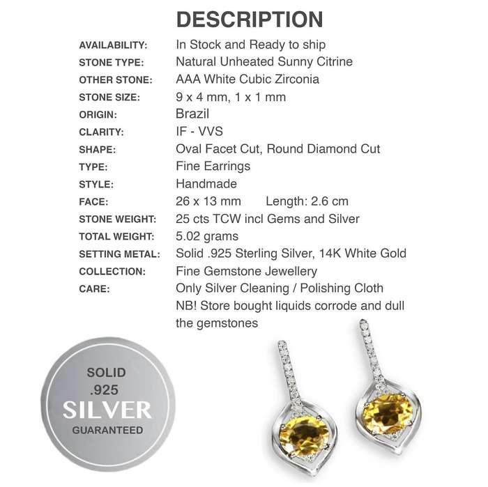 Natural Unheated Yellow Citrine 9 x 4mm AAA White Cz 925 Sterling Silver 14K White Gold Earrings
