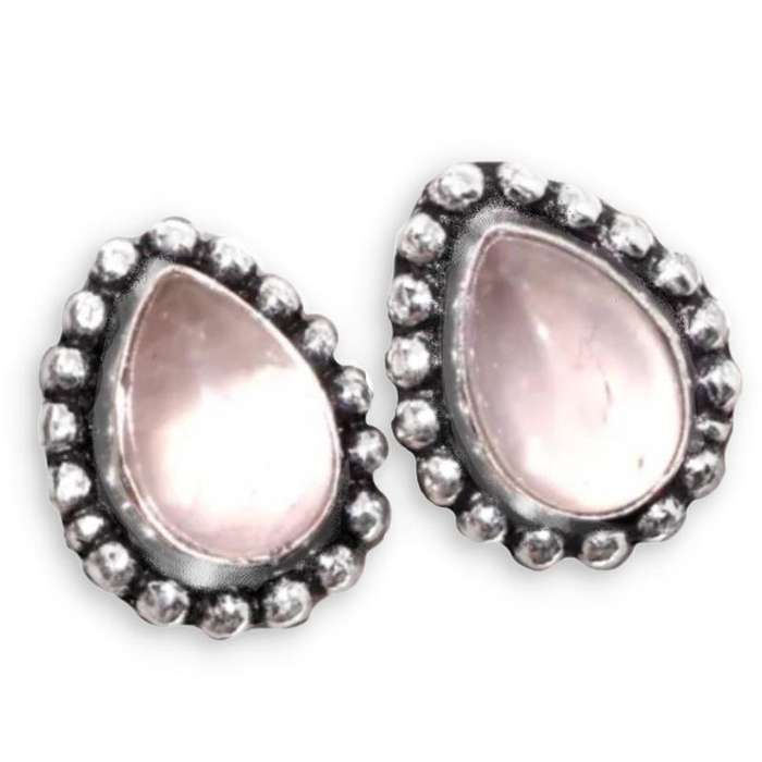 Natural Pink Rose Quartz Pear Gemstone .925  Sterling Silver Plated Stud Earrings