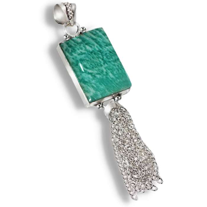 Natural Peruvian Amazonite Rectangle in .925 Sterling Silver Plated Tassel Pendant for a Long Chain