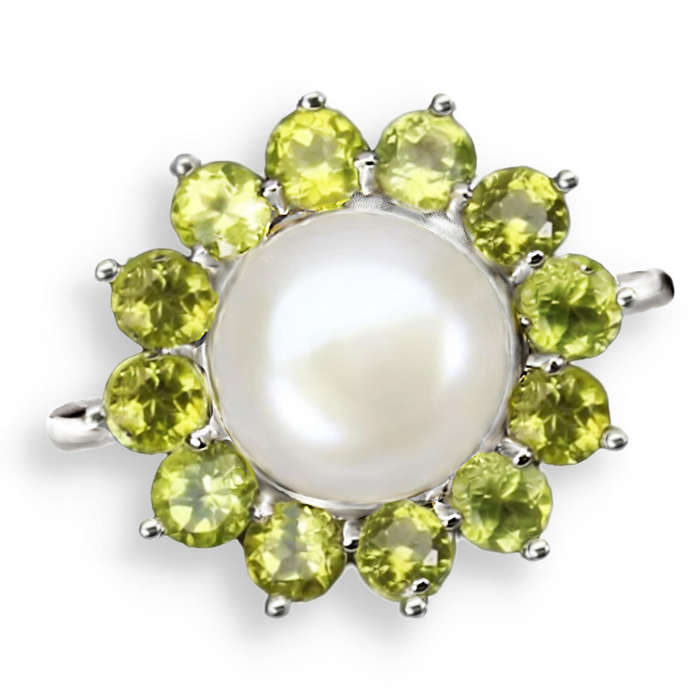 Natural Unheated Peridot and White Pearl Gemstone set in Solid .925 Sterling Silver Ring Size 8 or Q