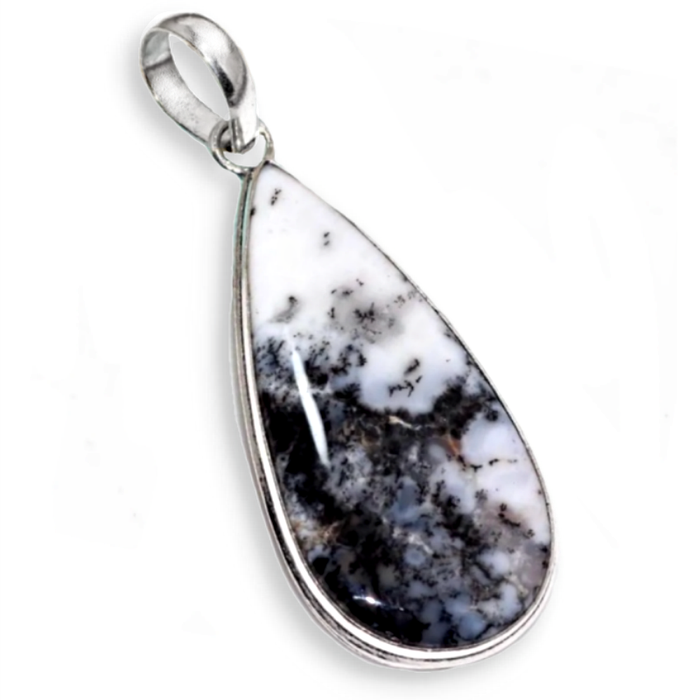 Natural Dendritic Opal Pear Shape Gemstone set in .925 Sterling Silver Plated Handmade Pendant