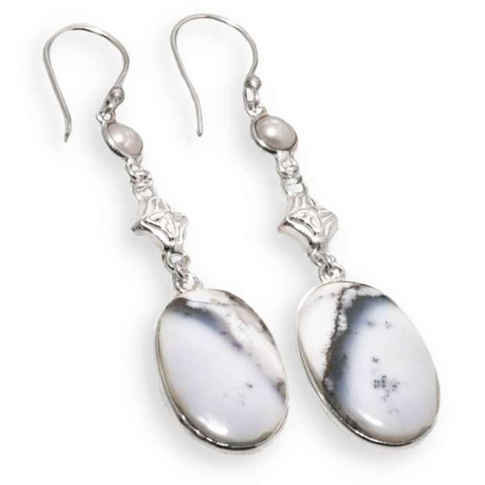 Natural Dendritic Opal Oval White River Pearl set in 925 Sterling Silver Plated Handmade Earrings