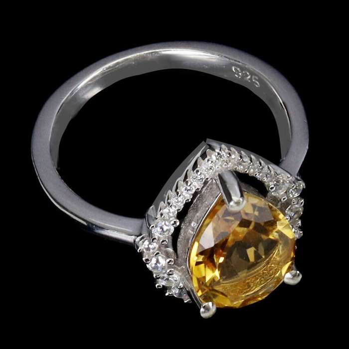 Natural Citrine Pear , AAA White Cubic Zirconia Solid .925 Silver,14K White Gold Ring Size 7 / O