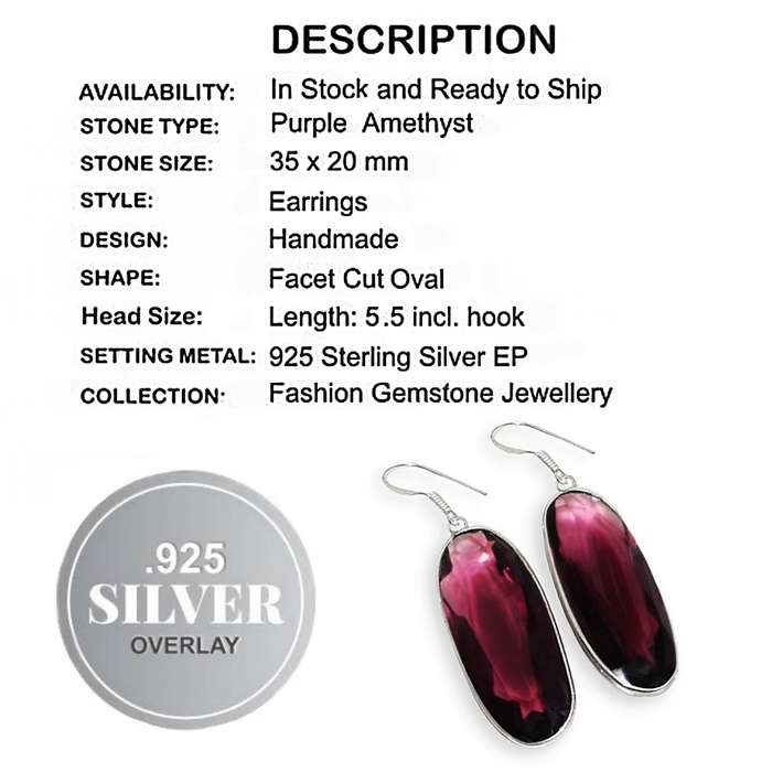 Purple Amethyst Facet Cut Oval set in .925 Sterling Silver Plated Handmade Earrings