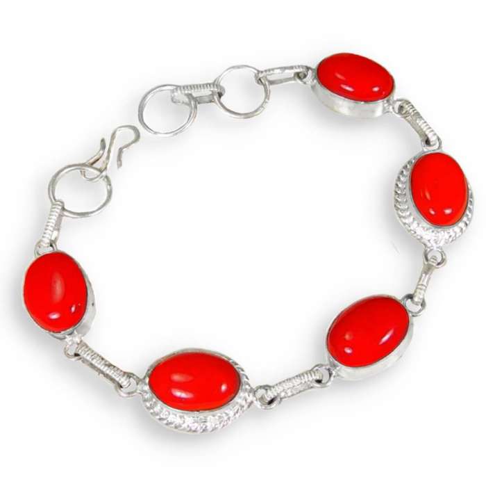 Red Coral Ovals set in .925 Sterling Silver Plated Handmade Elegant Bracelet
