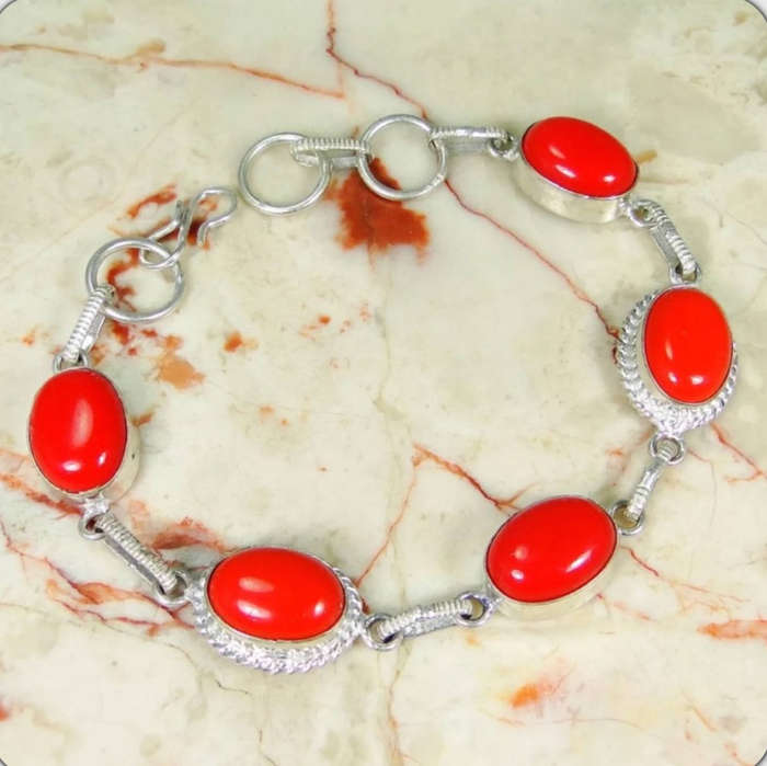 Red Coral Ovals set in .925 Sterling Silver Plated Handmade Elegant Bracelet