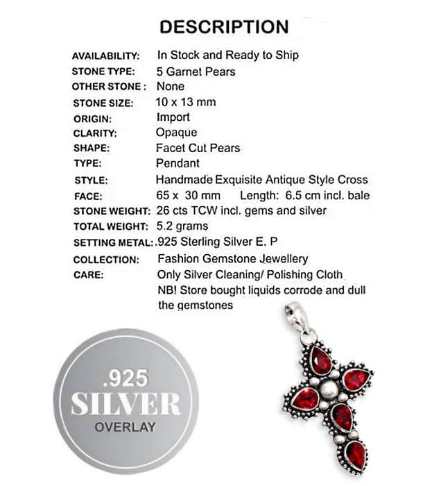 Pear Shape Garnet Gemstones set in Antique Style Cross .925 Sterling Silver Plated Handmade Pendant